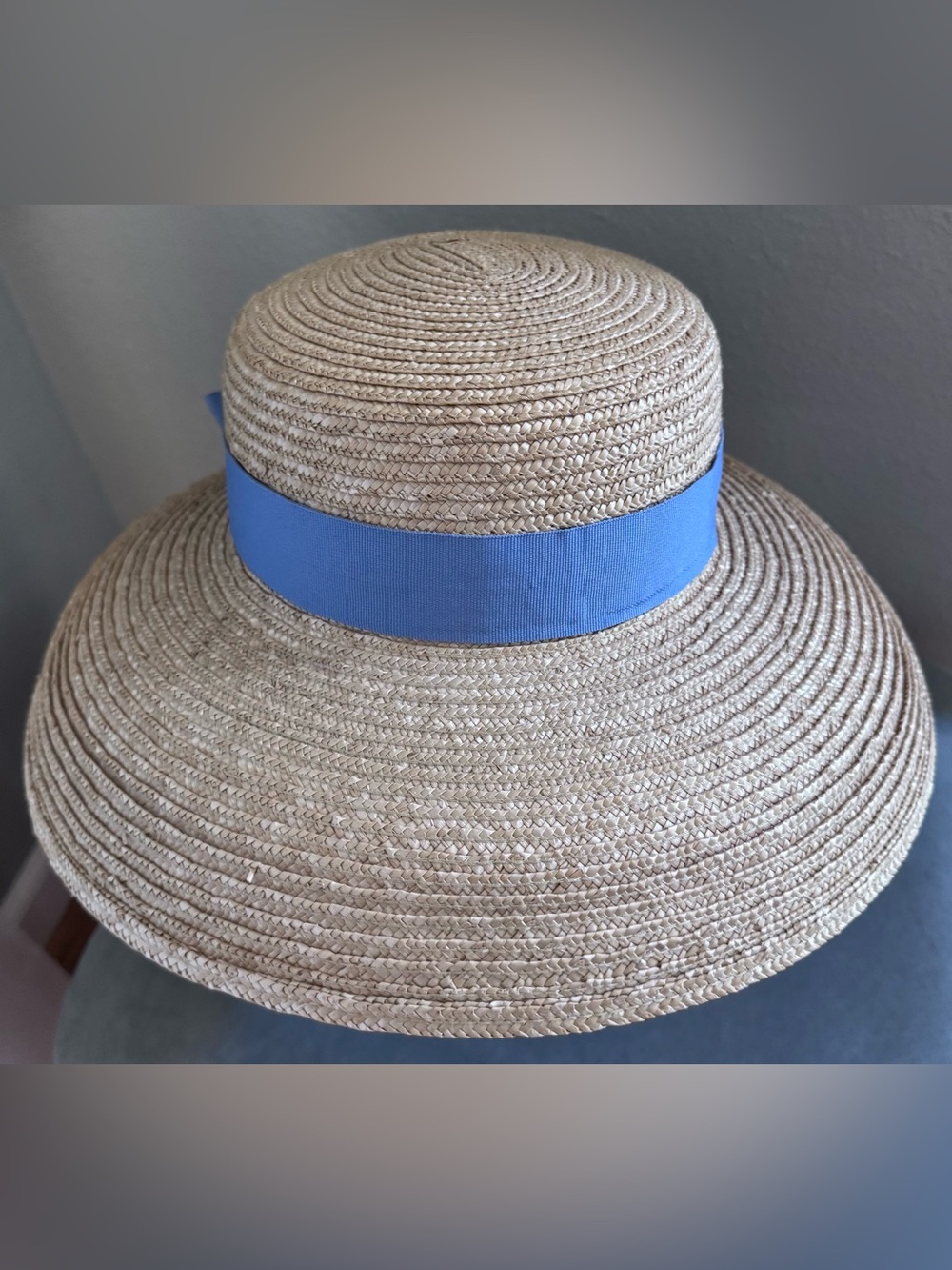 April Cornell Natural Straw Sun Hat with Blue Ribbon